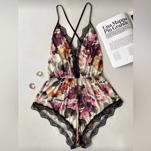 Floral Lace Trim Romper Teddy Lingerie | Strappy Back | Size Small